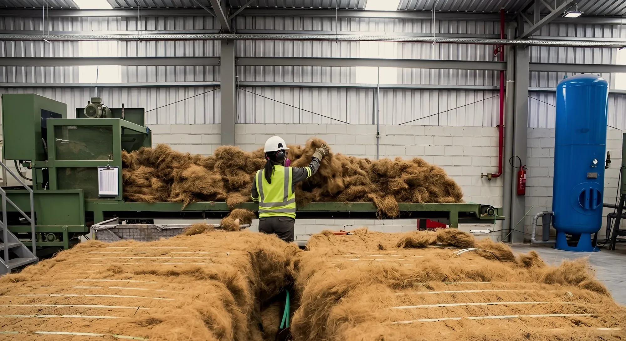 Baled coir being fed by hand at the head of a line