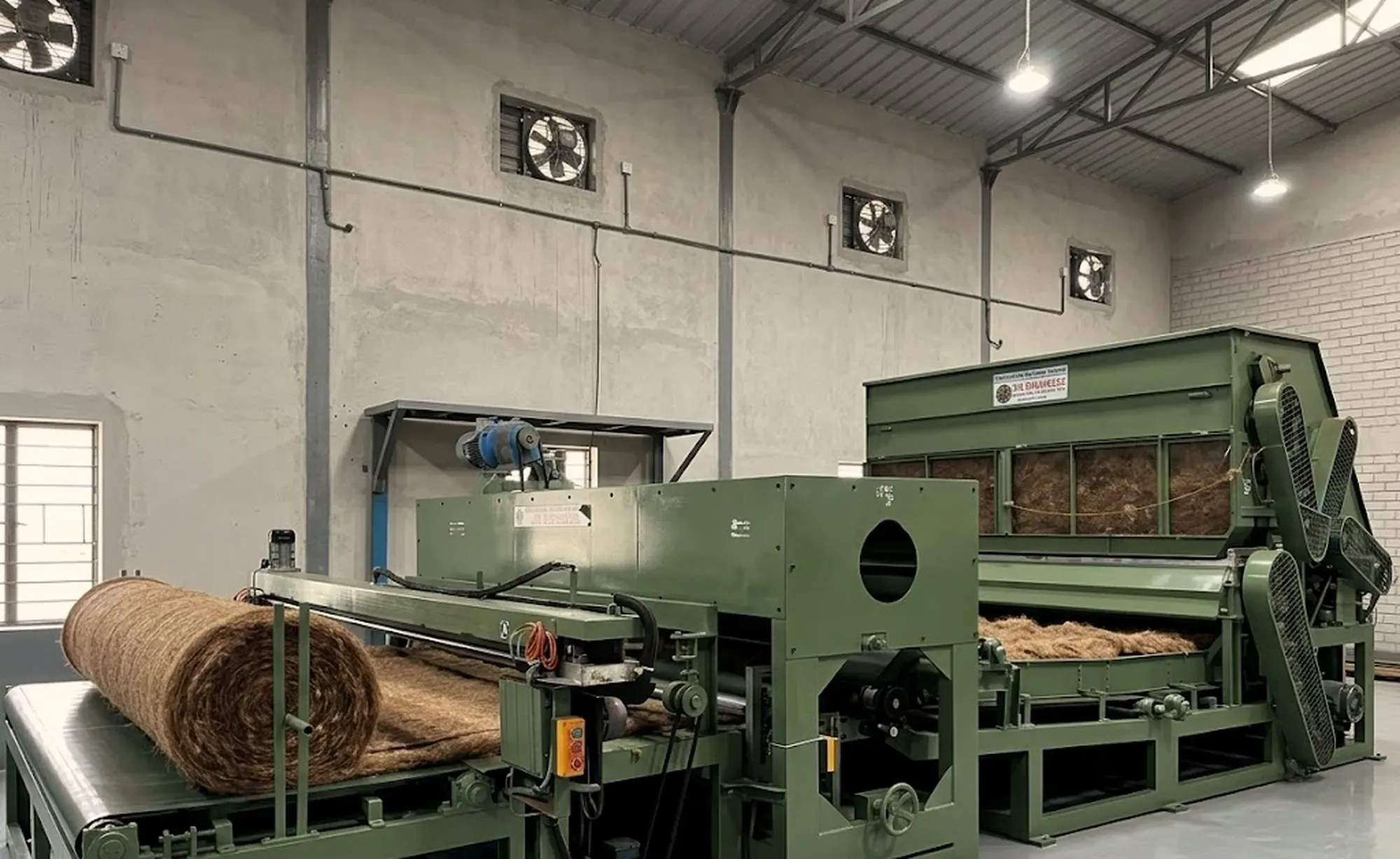 A completed 2M Engineers coir needle felt line, feed hopper through to the winder